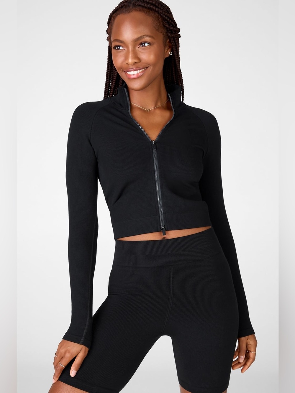 Fabletics Black Cropped Zip-Up Bomber Jacket - Women